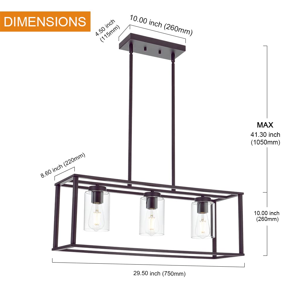 3-Light Industrial Metal Large Pendant Lighting Oil Rubbed Bronze Modern Linear Chandelier with Clear Glass Shades Farmhouse Rustic Ceiling Light Fixtures Hanging for Dining Room Kitchen Island