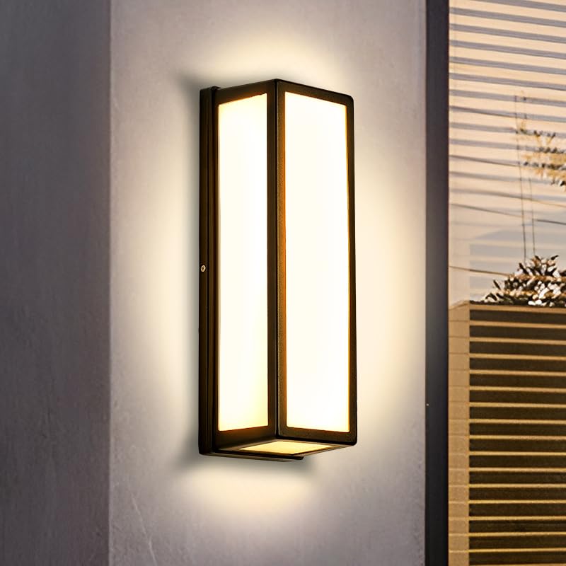 LED 18W Modern Rectangular Outdoor Wall Sconce Light 3000K Outside Light for House Patio, Black with Full Border Warm White, IP64 Waterproof Outdoor Wall Lights for House Patio Exterior Wall