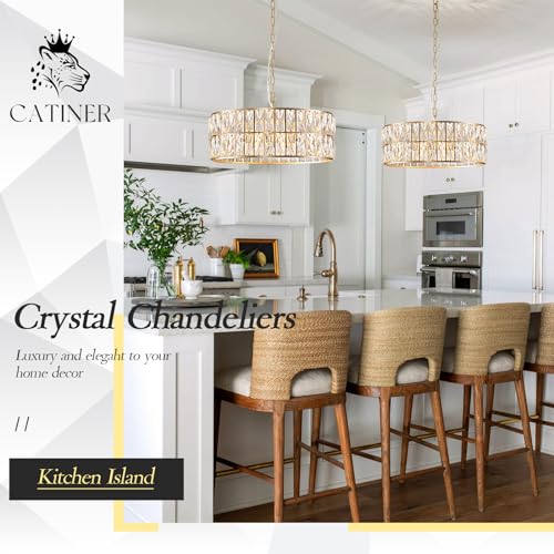 Gold Crystal Chandeliers, Modern Semi Flush Mount Chandelier 4-Ligh Drum Crystal Ceiling Pendant Light Fixture 12” for Foyer Entryway Kitchen Hallway Dining Room