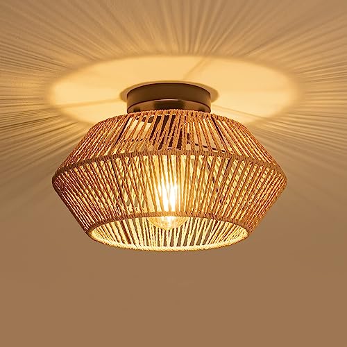 Woven Rattan Chandelier, 12.6 Inch Hemp Rope Boho Chandelier Rustic Farmhouse Chandelier Light, Rattan Pendant Light Fixture for Dining Room Living Room Bedroom Kitchen Foyer, White