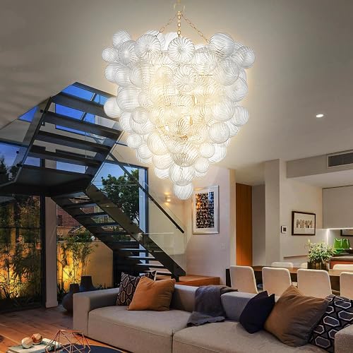 Semi Flush Mount Ceiling Bubble Ball Chandelier Lighting Dia 20 Inch Gold Clear Ribbed Blown Glass Chandeliers Ceiling Medallions Light Fixtures for Bedroom, Living Room, Entry, Bathroom