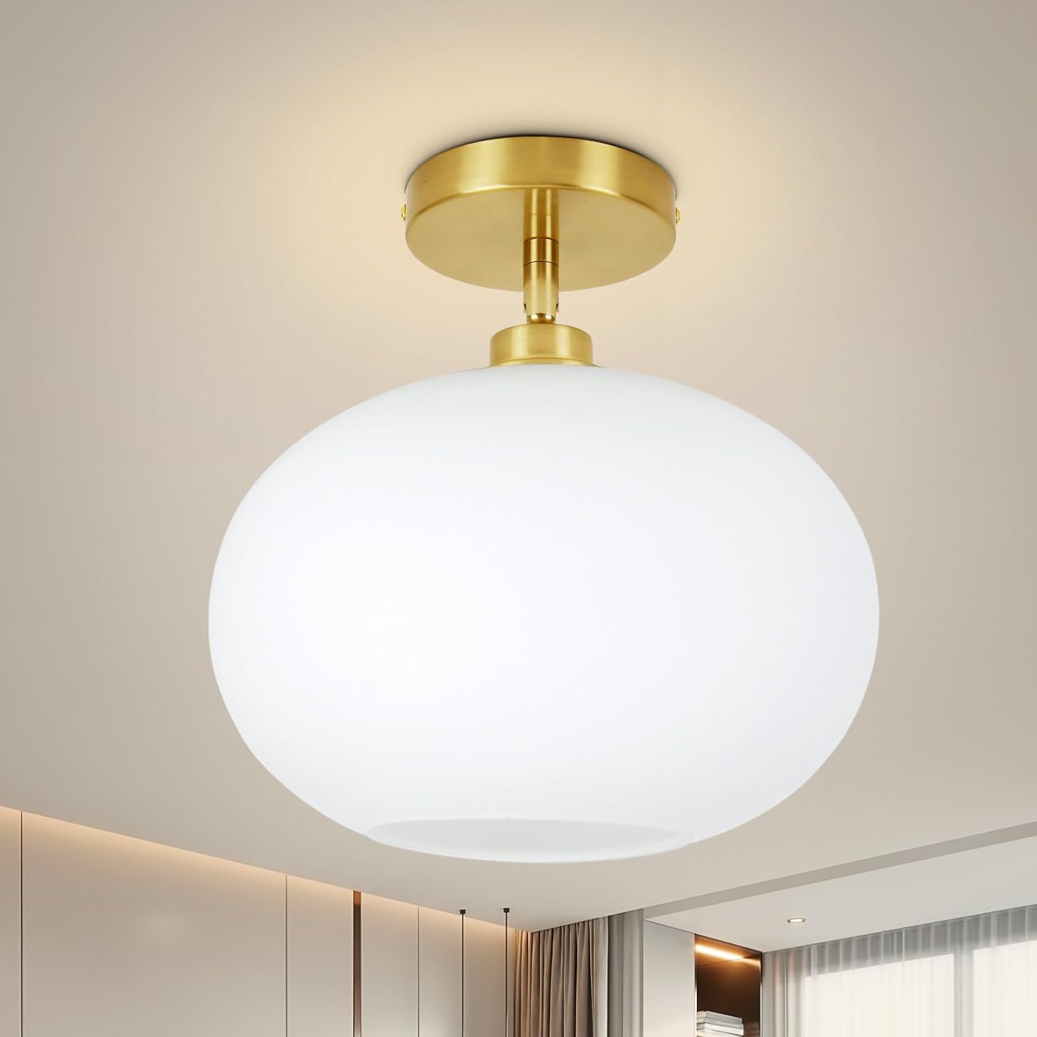 Semi Flush Mount Ceiling Light, Modern Globe Hallway Light Fixtures Ceiling Mount, Farmhouse Ceiling Light Fixtures with Opaline Glass Shade for Bathroom, Entryway, Passway