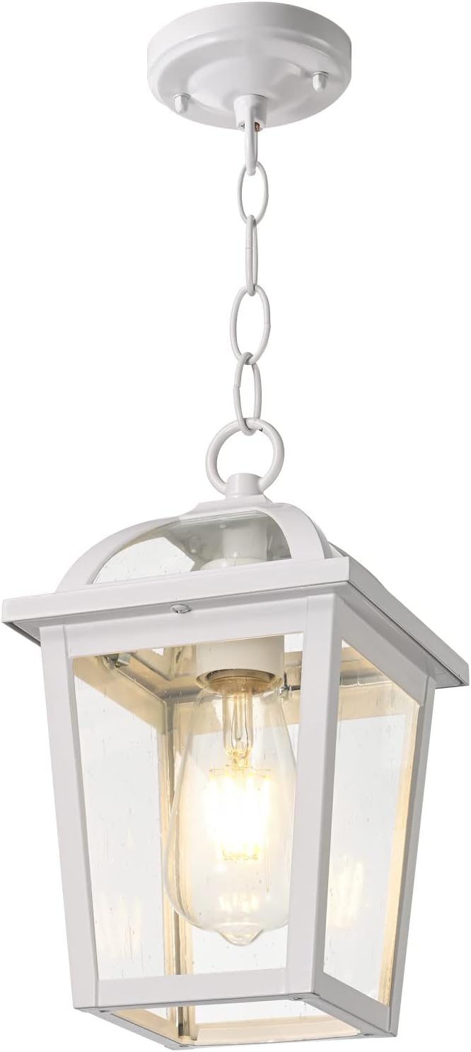 Outdoor Pendant Light Fixture, White Retro Exterior Hanging Lantern with Adjustable Chain, Outdoor Hanging Porch Light with Seeded Glass for Patio Backyard Front Porch