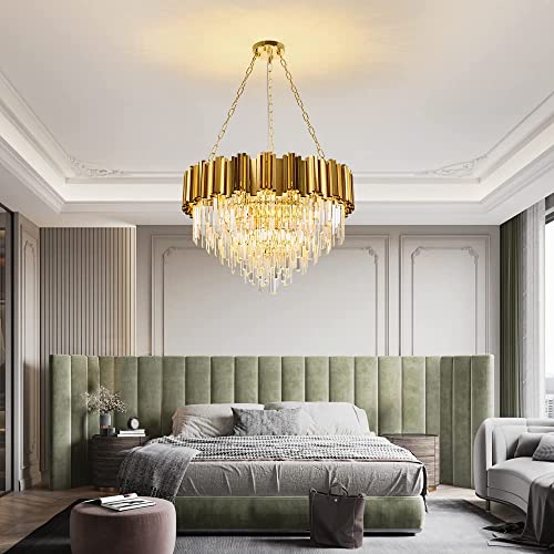 Modern K9 Crystal Pendant Lighting, Round Gold Crystal Chandelier Contemporary Luxury Pendant Ceiling Lighting Fixture for Dining Living Room Kitchen Island, Antique Gold