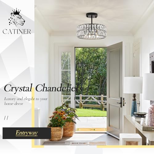 Gold Crystal Chandeliers, Modern Semi Flush Mount Chandelier 4-Ligh Drum Crystal Ceiling Pendant Light Fixture 12” for Foyer Entryway Kitchen Hallway Dining Room