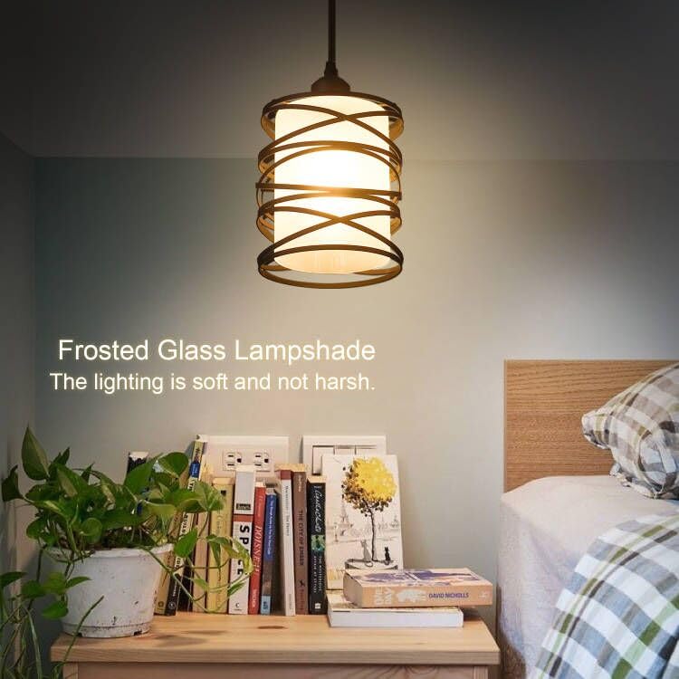 Modern Mini Pendant Light Fixture Kitchen Island Pendant Lighting 6.30''Matte Black Spiral Cage Handblown Clear Seeded Glass Shade Hanging Lamp Adjustable Cord for Dining Room 1-Pack,E26