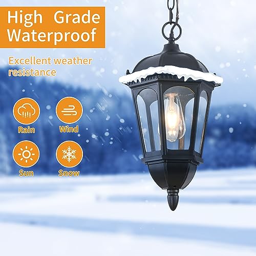 Large Outdoor Pendant Porch Light, 17.5''H Outdoor Hanging Lights, Waterproof Outside Chandelier Light, Black Exterior Hanging Front Lights with Clear Glass for Porch, Patio, Entryway