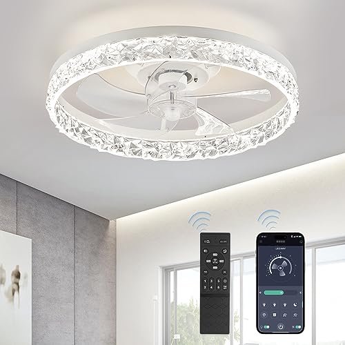 20" Modern Ceiling Fans with Lights and Remote, Dimmable Low Profile Ceiling Fan, Flush Mount Bladeless Ceiling Fan, Stepless Color Temperature Change and 6 Speeds - White