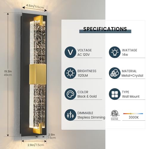 LED Wall Sconce Light: 19 Inch Black Modern Sconces Wall Lighting 3000K Dimmable Crystal Wall Lamps Indoor Bathroom Sconce Wall Mount Light Fixtures for Living Room/Bedroom/Hallway