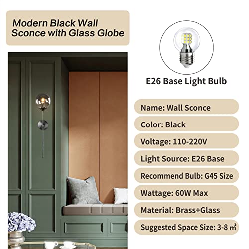 Lighting Modern Smoke Grey Glass Globe Black Matte Slim Wall Sconce Light with Long Arm Vintage Industrial Wall Sconce for Hallway, Stairs, Bathroom Mirror