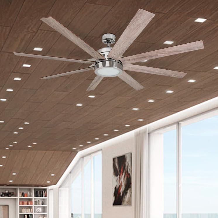 Ceiling Fans Xerxes, 62 Inch Contemporary LED Ceiling Fan with Light and Remote Control, 8 Blades with Dual Finish, Reversible Motor - 51628-01 (Brushed Nickel)