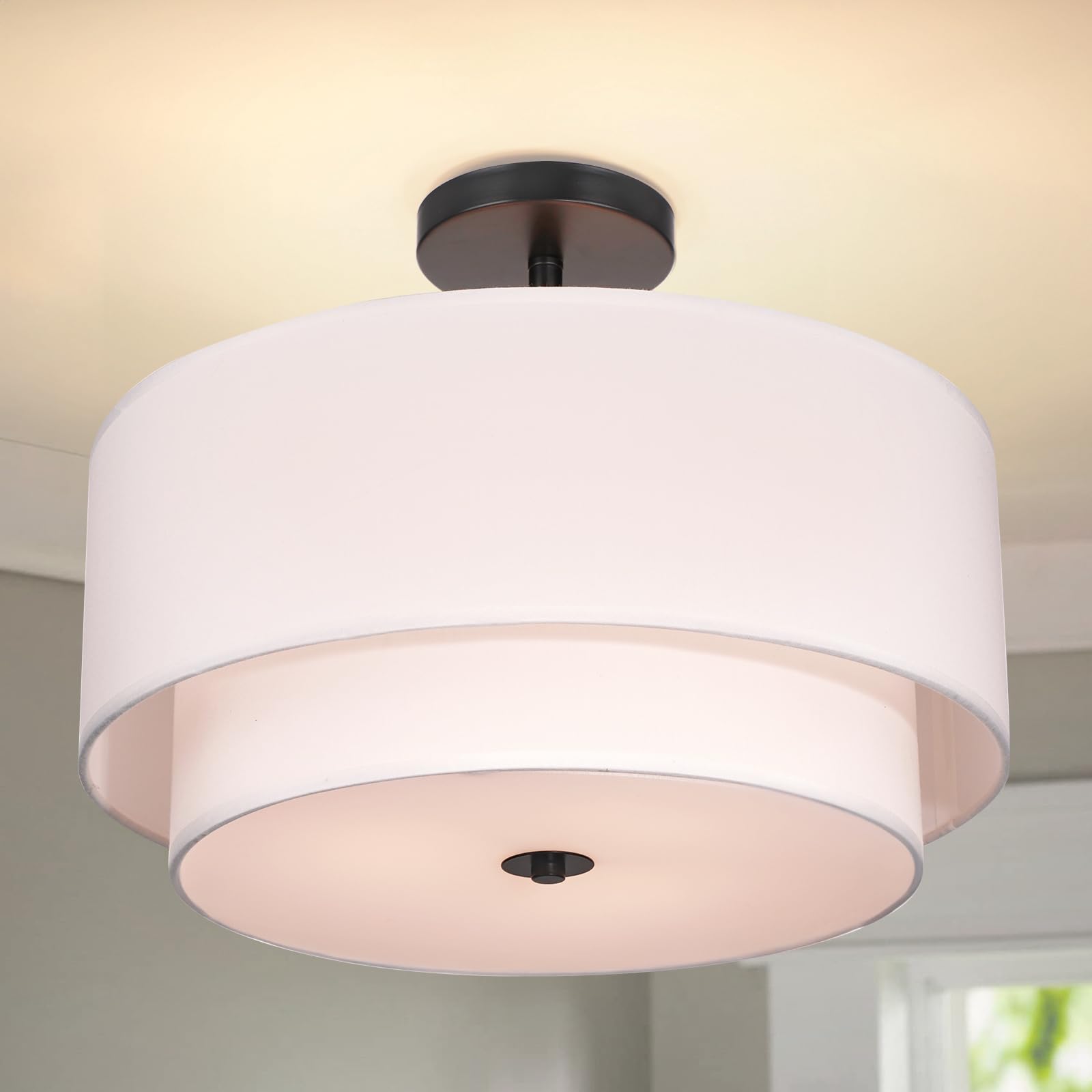 Modern Semi Flush Mount Ceiling Light - Easric Light Fixtures Ceiling Mount Hallway Light Fixtures Ceiling with Black 2-Layer Fabric Shade Drum Ceiling Lights for Bedroom,Dining Room,Kitchen,Foyer