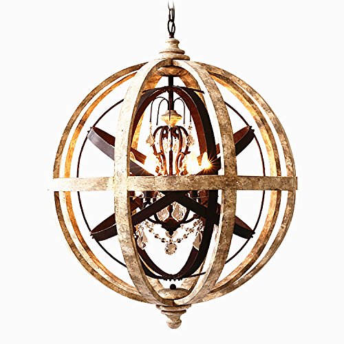 Rustic Retro Weathered Wooden Globe Metal Orb Crystal 5-Light Chandelier Candle Style Wood Pendant Light Fixtures (Medium)