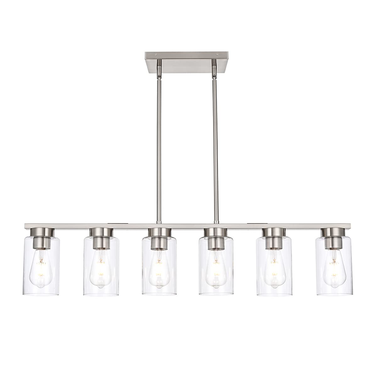 Modern Linear Farmhouse Chandelier, 6-Light Brush Nickel Kitchen Island Pendant Light with Glass Shade Fixture for Dining Room Foyer Bar Pool Table (Nickel)