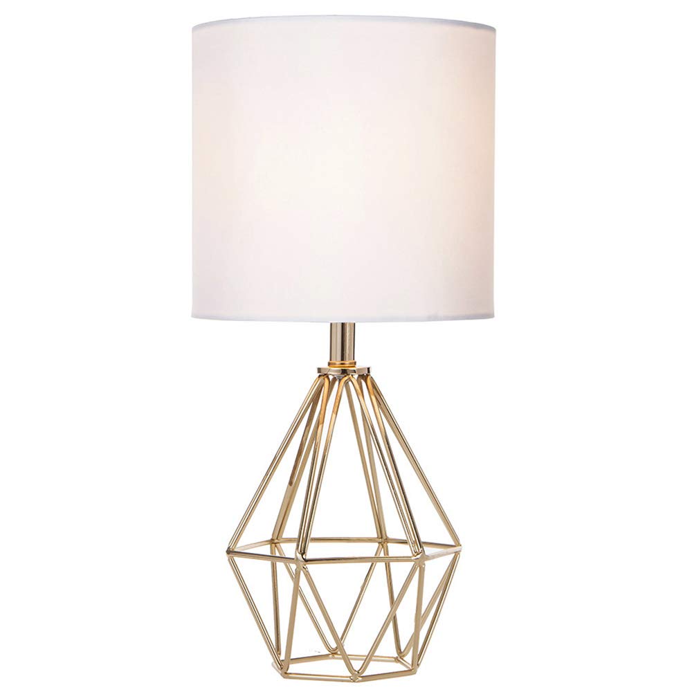 Gold Modern Hollow Out Base Bedroom Small Table Lamp,Bedside Nightstand Lamp with Geometric Metal Base White Fabric Shade,Cute Desk Lamp for Kids Living Room