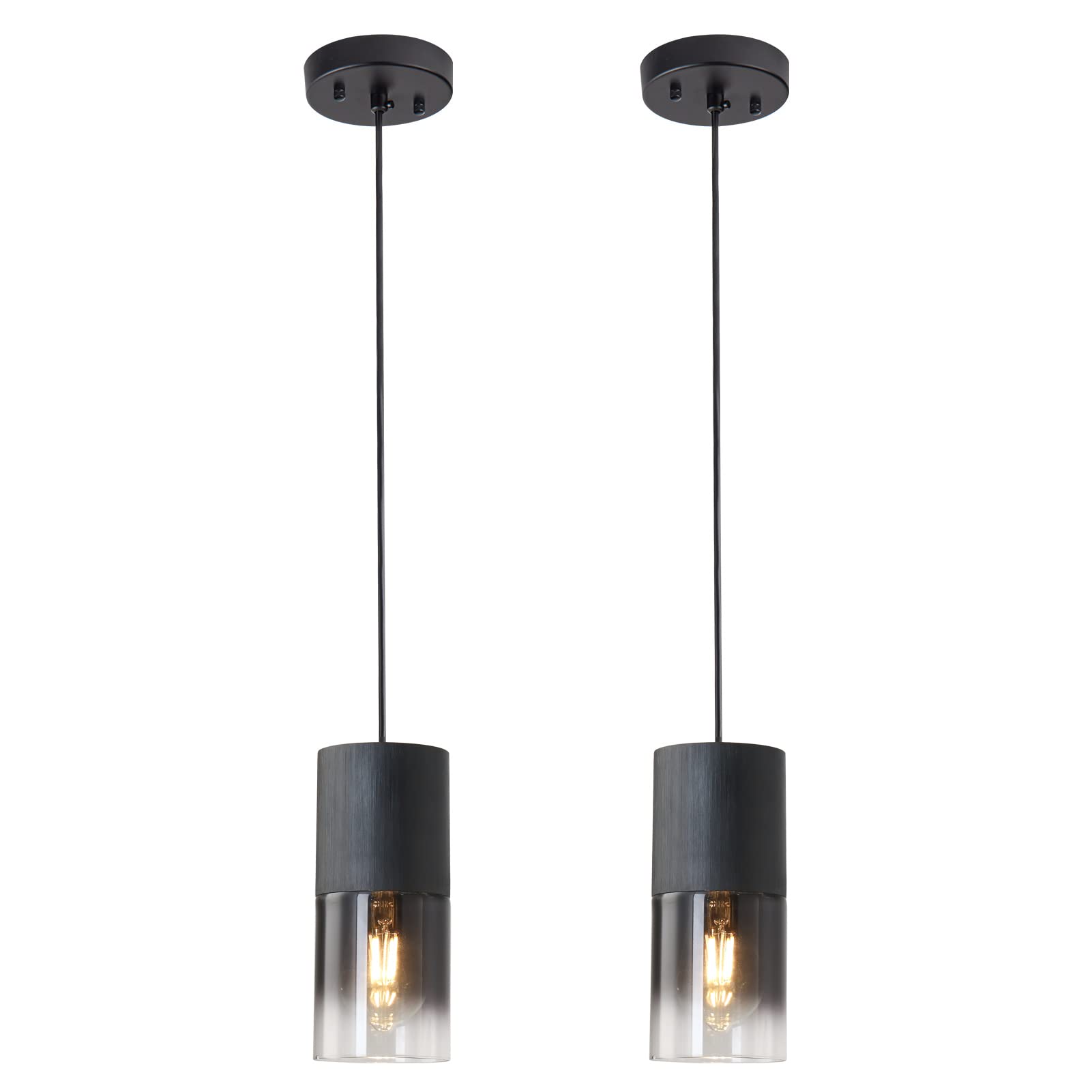 2-Pack Black Pendant Light Fixtures, Adjustable Modern Pendant Lights for Kitchen Island, Industrial Glass Pendant Lights for Dining Table Hallway Bedroom Living Room