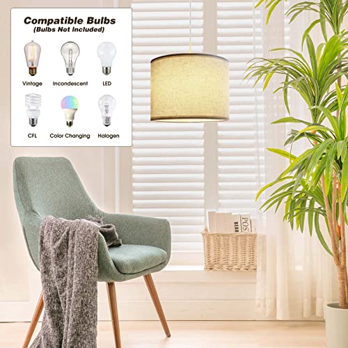 Plug in Pendant Light,15 FT Hanging Lamp with Plug in Cord, On/Off Switch, Pendant Lighting with Fabric Shade, Hanging Light Fixture for Living Room, Bedroom, Dining Room, Kitchen (Beige)