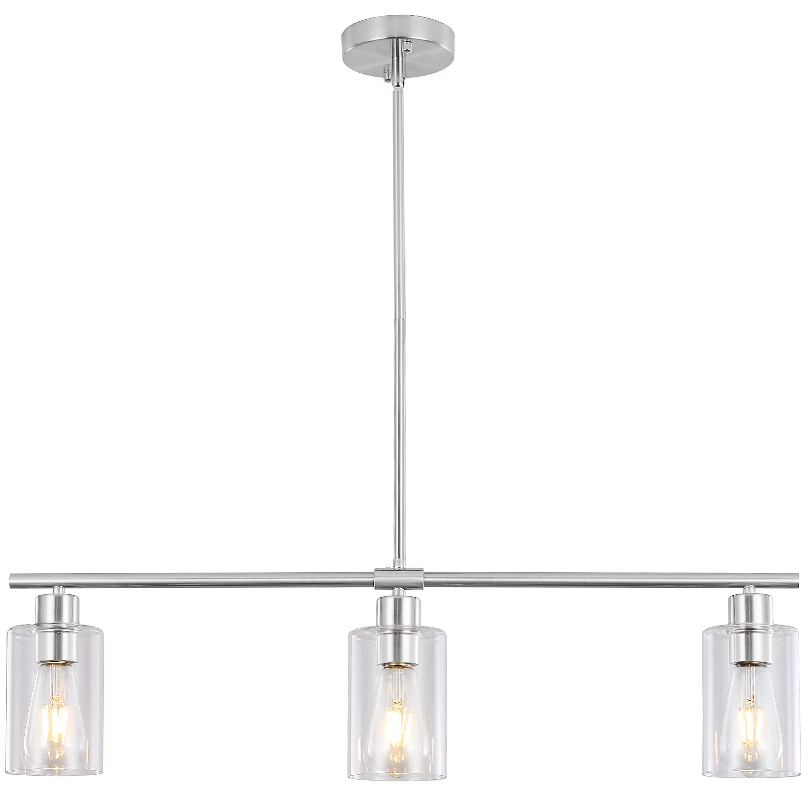 3 Lights Kitchen Island Lighting Brushed Nickel Pendant Light Fixtures with Glass Shade 31" Dining Room Chandeliers Adjustable Height Modern Linear Ceiling Hanging Light for Living Room, Foyer