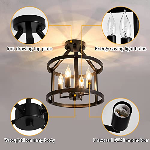 Metal Semi Flush Mount Ceiling Light Fixture 4 Candle Holder Matte Chandelier Farmhouse Ceiling Lamp for Dining Room Bedroom Kitchen Hallway Entryway（Black）