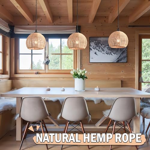 Mini Hemp Rope Woven Pendant Light Woven Light Fixture Boho Chandelier Light Fixture Wicker Pendant Light Rattan Light Pendant Dome Wicker Chandelier for Bedroom Kitchen Island(Bulb Incl.)