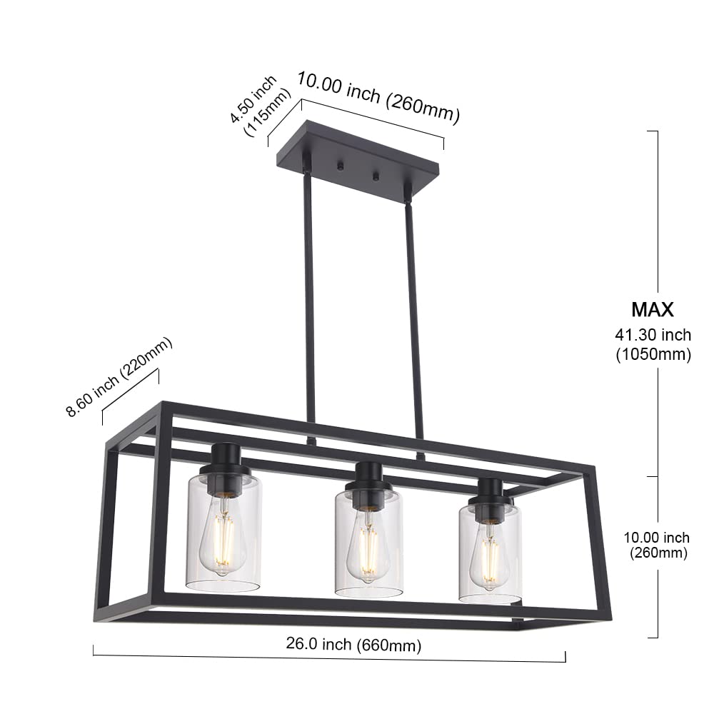 MELUCEE Black Chandeliers Rectangle 5 Lights Dining Room Lighting Fixtures Hanging Over Table, Kitchen Island Lighting Linear Pendant Light Ceiling with Clear Glass Shade and Brushed Brass Socket