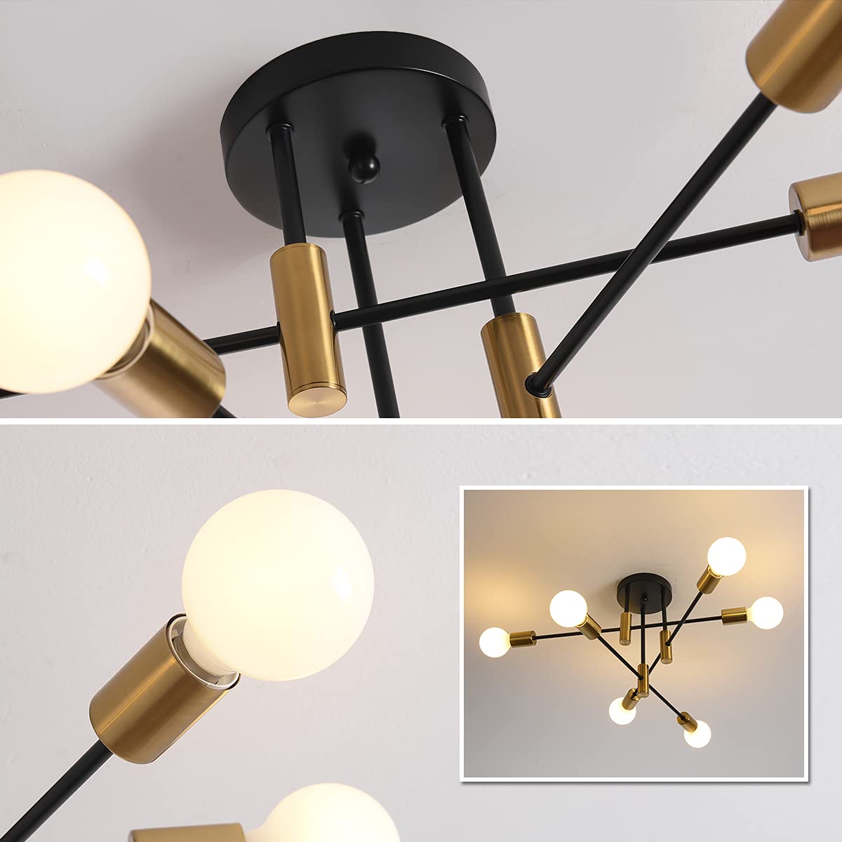 10 Lights Modern Sputnik Ceiling Chandelier Gold Industrial Ceiling Lamp Mid Century Semi Flush Mount Ceiling Light Fixture for Kitchen Dining Room Living Room Bedroom Foyer Lighting