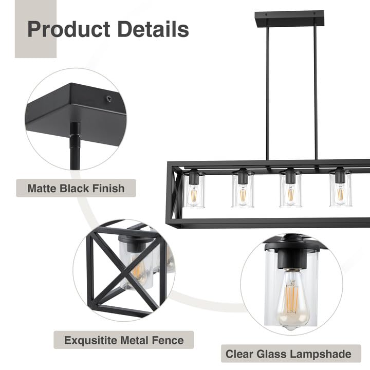 Farmhouse Chandelier Rectangle Black, 5 Light Kitchen Island Cage Linear Pendant Lights Industrial Ceiling Light with Glass Shade & Adjustable Rods, Dining Room Lighting Fixtures over Table