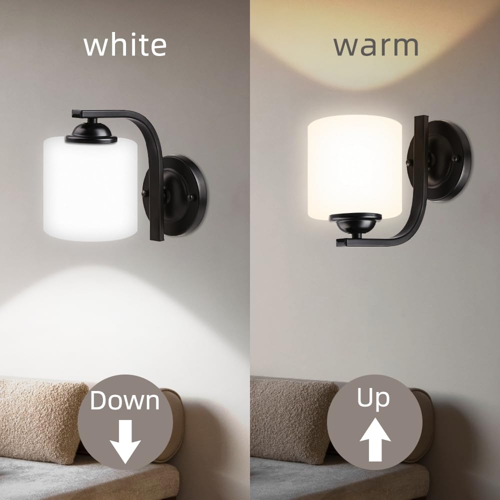 Wall Sconce 1 Light, Modern Wall Light Fixture, Bathroom Vanity Lights with Matte Black Wall Lamp for Bedroom Kitchen Hallway Porch, Milky White Glass Shades, E26 Socket, Bulbs Not Included