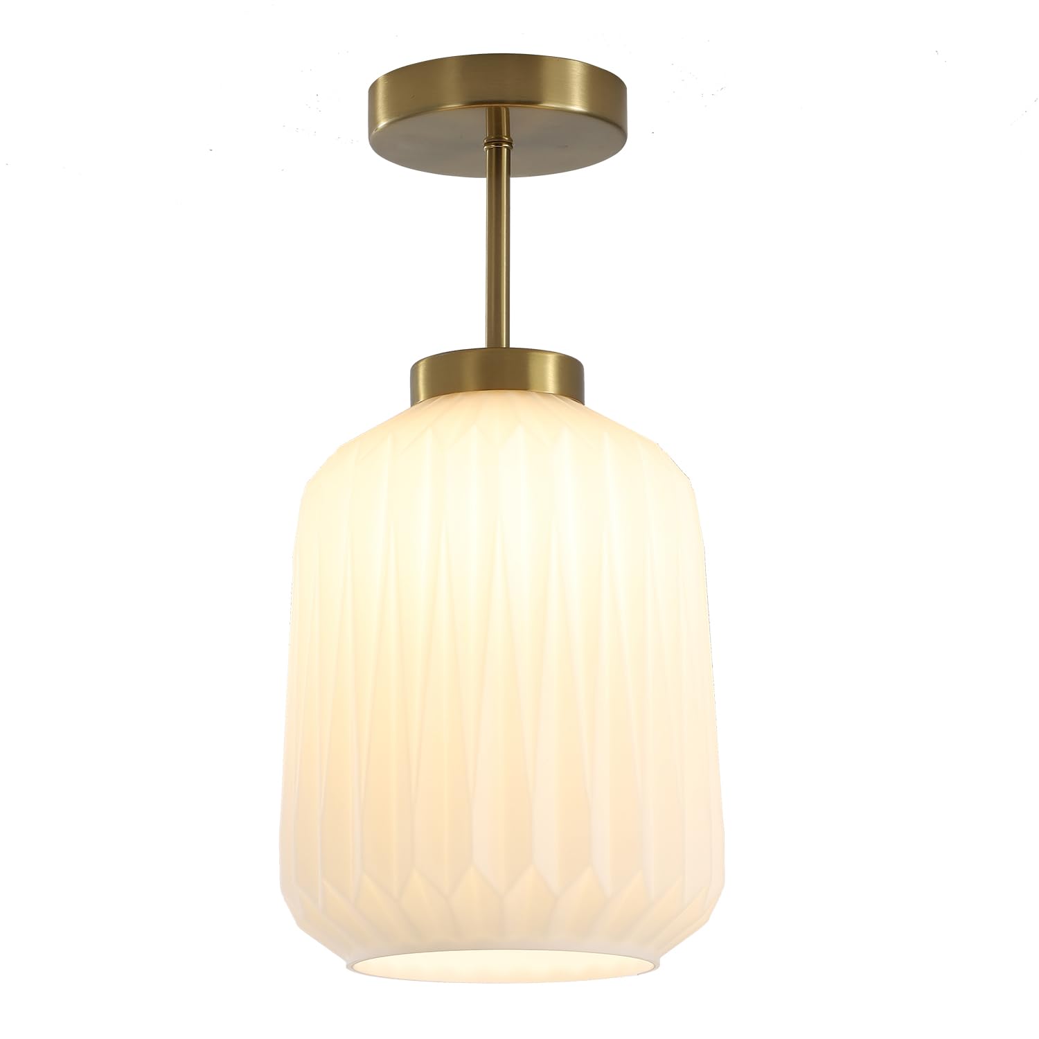 Semi Flush Mount Ceiling Light Mid Century Interior Ceiling Light with White Striation Glass Shade Gold Ceiling Light Fixture for Hallway Corridor Kitchen Bathroom