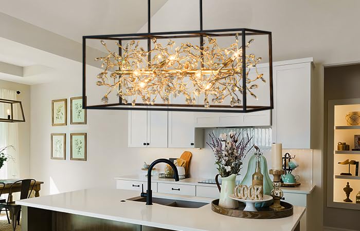 Rectangle Crystal Chandelier for Dining Room 8-Light Black and Gold Modern Farmhouse Chandelier Rectangular Contemporary Pendant Light Fixture for Kitchen Island Bar