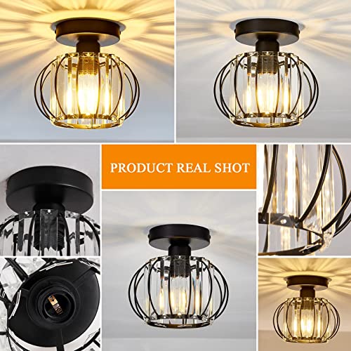 Semi Flush Mount Ceiling Light Fixture Antique Small Crystal Chandelier Indoor Lighting for Bathroom Hallway Cafe Bar Porch Hall（Black）