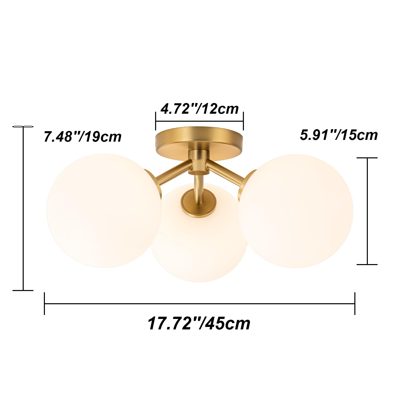 Gold Semi Flush Mount Ceiling Light Fixture 3 Light 18 inch,Opal Glass Globe Mid Century Modern Light Fixtures for Bedroom,Entryway,Hallway,Living Room,Kithcen,Dining Room