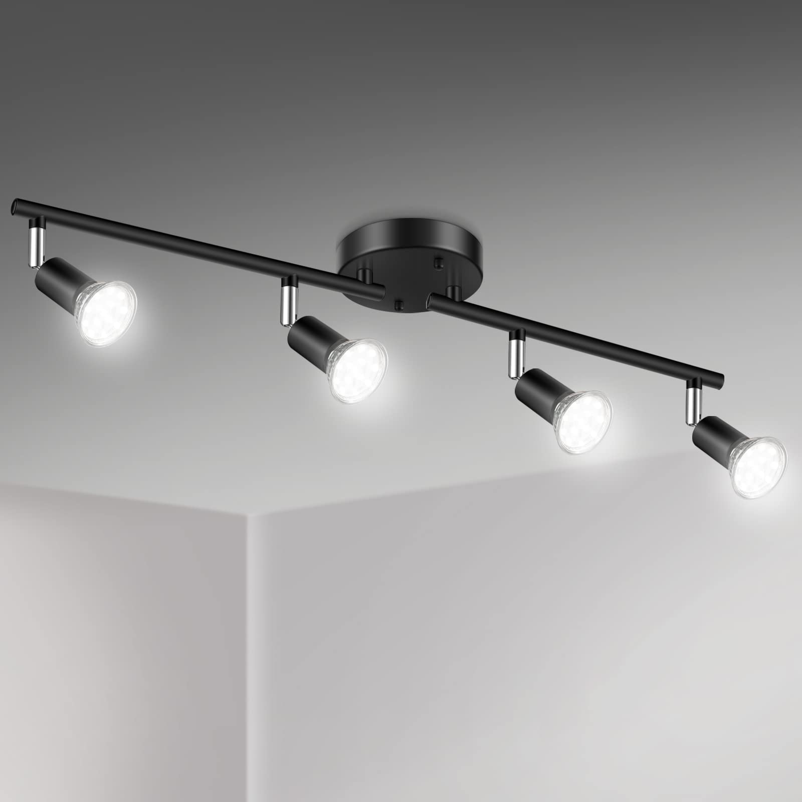 LED 4 Light Track Lighting Kit, Black 4 Way Ceiling Spot Lighting, Flexibly Rotatable Light Head, Track Light Included 4 x LED GU10 Bulb (4W, Daylight White 5000K, 400LM)