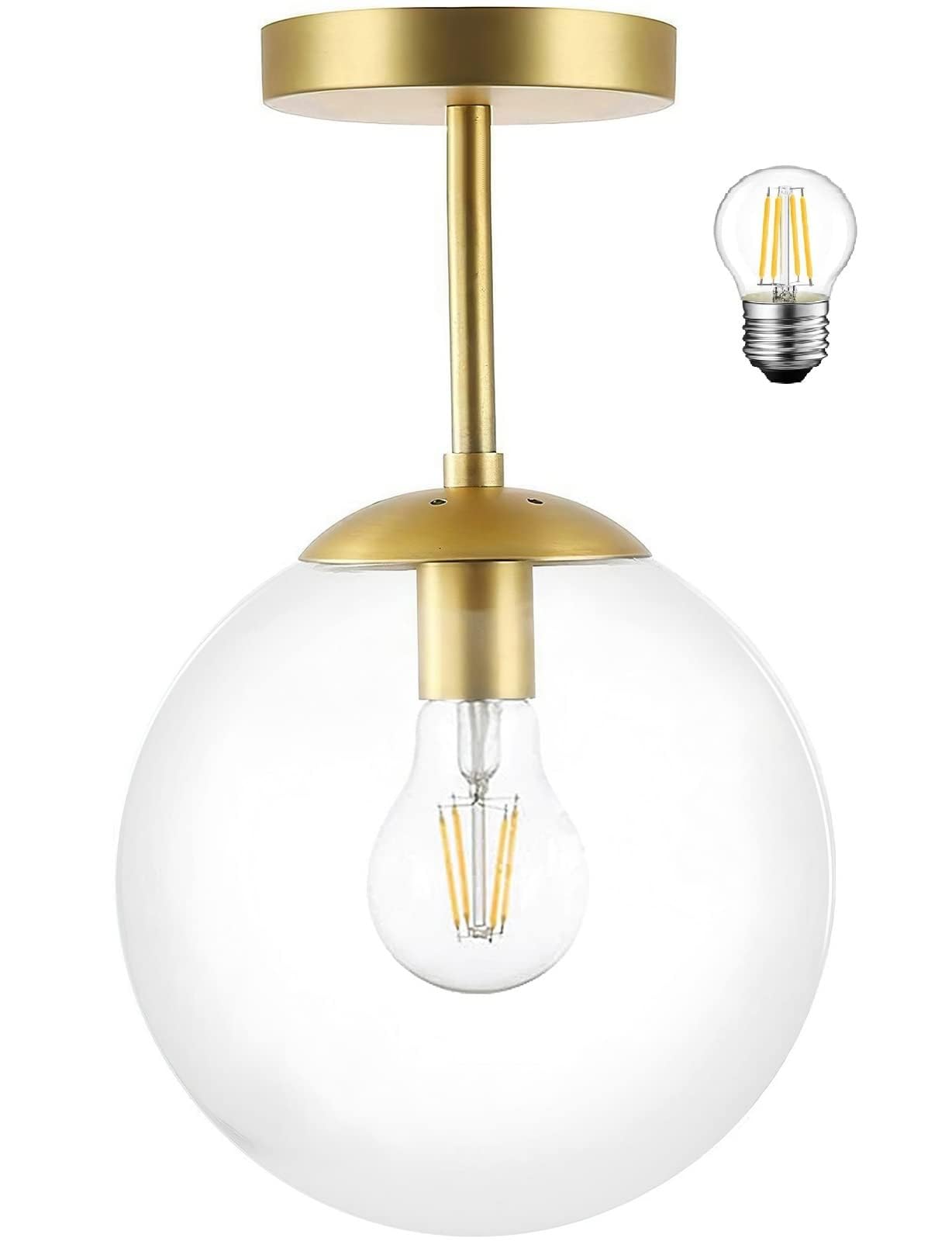 KoKo&Yukina 3-Light Semi Flush Mount Ceiling Light Globe Ceiling Light Mid Century Ceiling Light with Opal Milk Glass Globe & Brushed Brass for Bedroom Hallway Entryway Kitchen Living Room-Bulb Incl