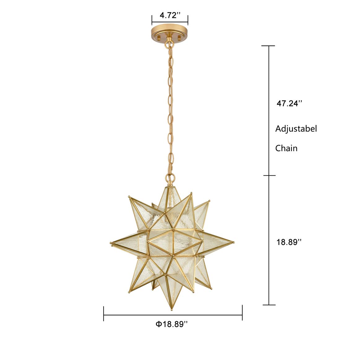 Moravian Star Pendant Light 20-Inch Large Hanging Ceiling Light Modern Gold Finish with Seeded Glass Adjustable Chain