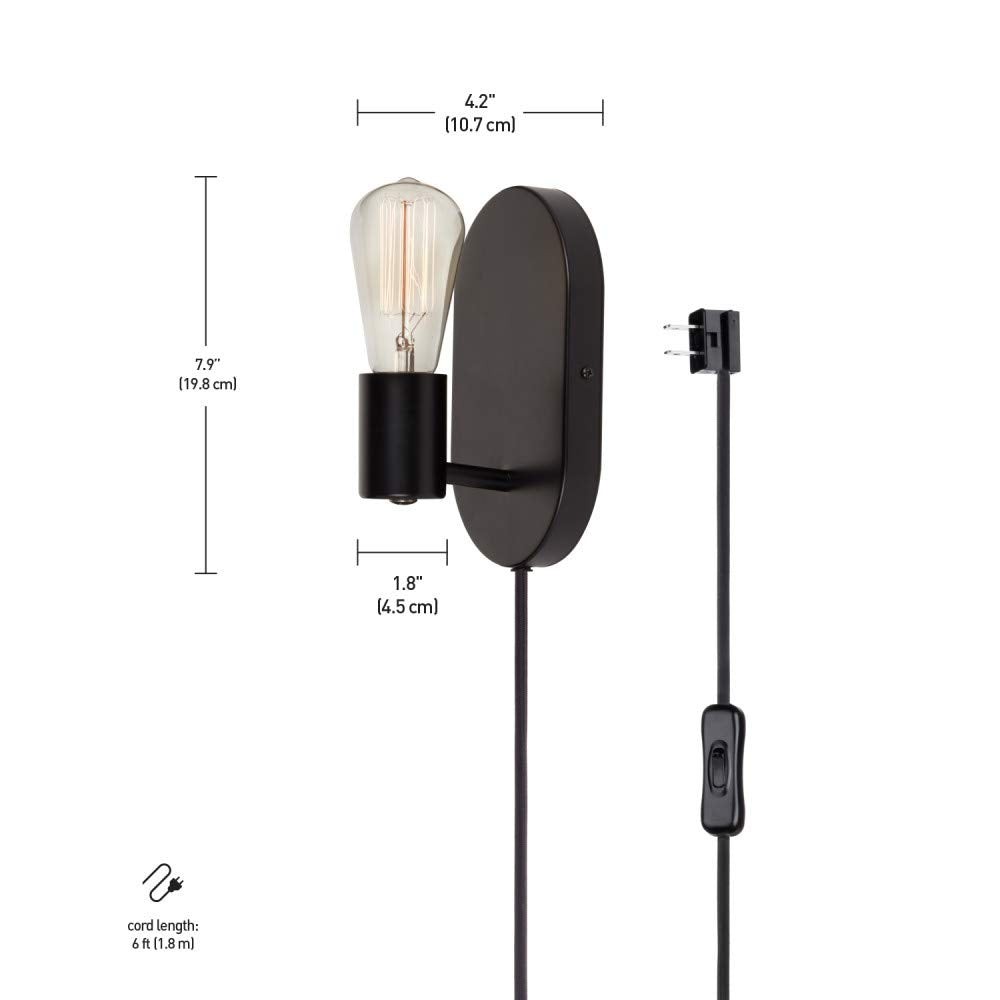 Globe Electric 51725 1-Light Dimmable Plug-in or Hardwire Wall Sconce, Matte Black, Faux Walnut Accent, Stepless Dimming Rotary Switch on Canopy, Black Fabric Cord, Bulb Not Included