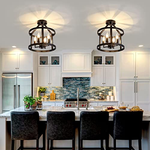 Metal Semi Flush Mount Ceiling Light Fixture 4 Candle Holder Matte Chandelier Farmhouse Ceiling Lamp for Dining Room Bedroom Kitchen Hallway Entryway（Black）