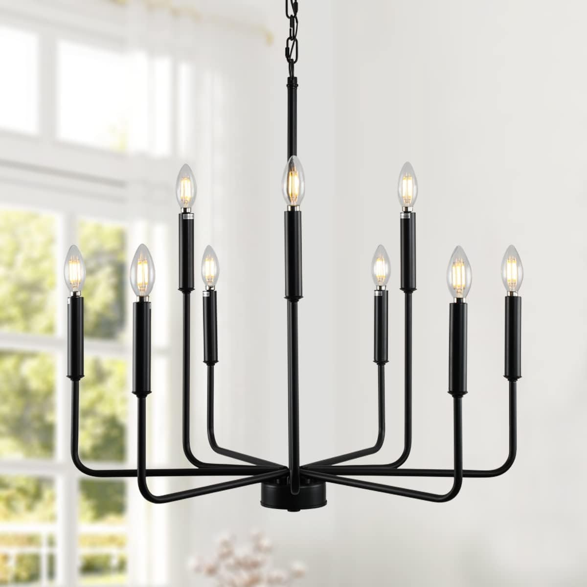 Black Chandelier, Modern Farmhouse Chandeliers for Dining Room 9-Lights Candle Pendant Lights Kitchen Island Rustic Industrial Black Metal Hanging Light Fixtures for Living Room Bedroom Entryway