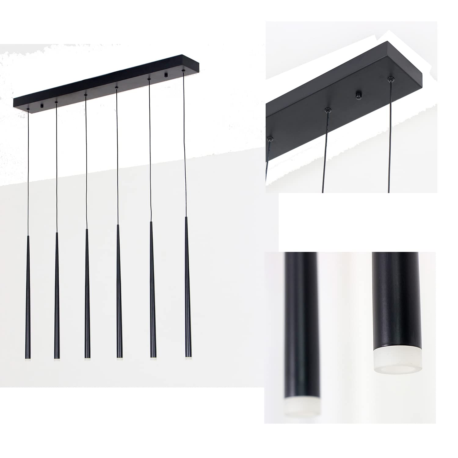 Modern Pendant for Kitchen Island, Linear Chandelier 6 Lights Cluster Bar for Dining Room, Black Warm White Dimmable