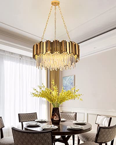 Modern K9 Crystal Pendant Lighting, Round Gold Crystal Chandelier Contemporary Luxury Pendant Ceiling Lighting Fixture for Dining Living Room Kitchen Island, Antique Gold