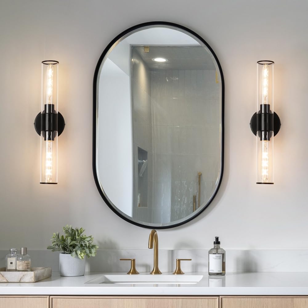 Black Vanity Lights for Mirror, Modern Bathroom Light Fixtures with Clear Glass Shade, 2-Light Cylinder Wall Sconce for Bathroom, Bedroom, Hallway