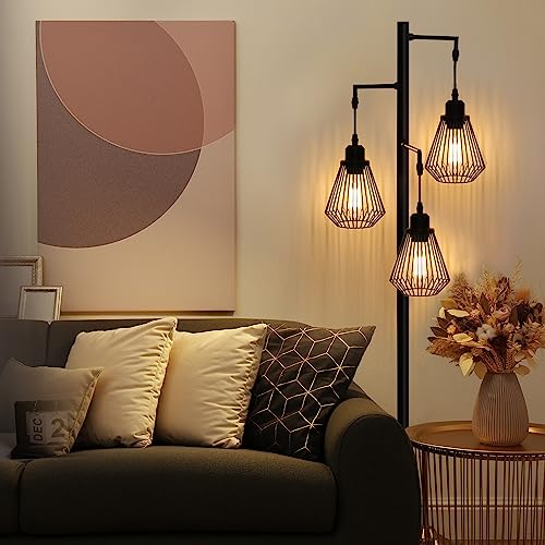 Industrial Floor Lamps for Living Room, Tree Standing Lamp with 3 Teardrop Cage Shades, 68" Modern Tall Lamps for Bedroom Office Home Light Decor, E26 Socket, Pedal Switch, Brass Gold