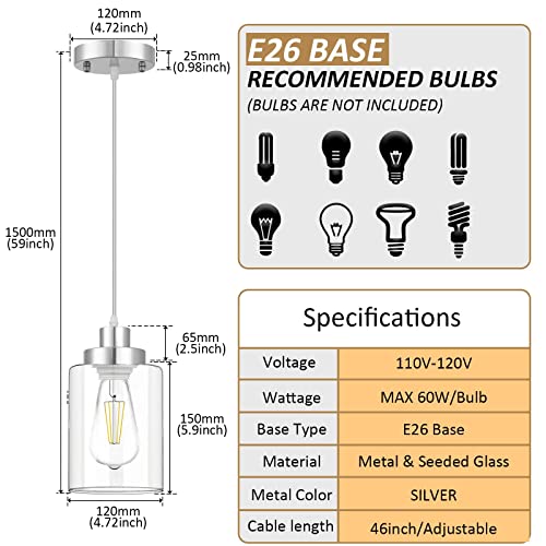 Industrial Pendant Lighting, Modern Clear Glass Shade Farmhouse Adjustable Hanging Light Fixtures for Kitchen Island Living Room Bedroom Hallway, 3-Pack