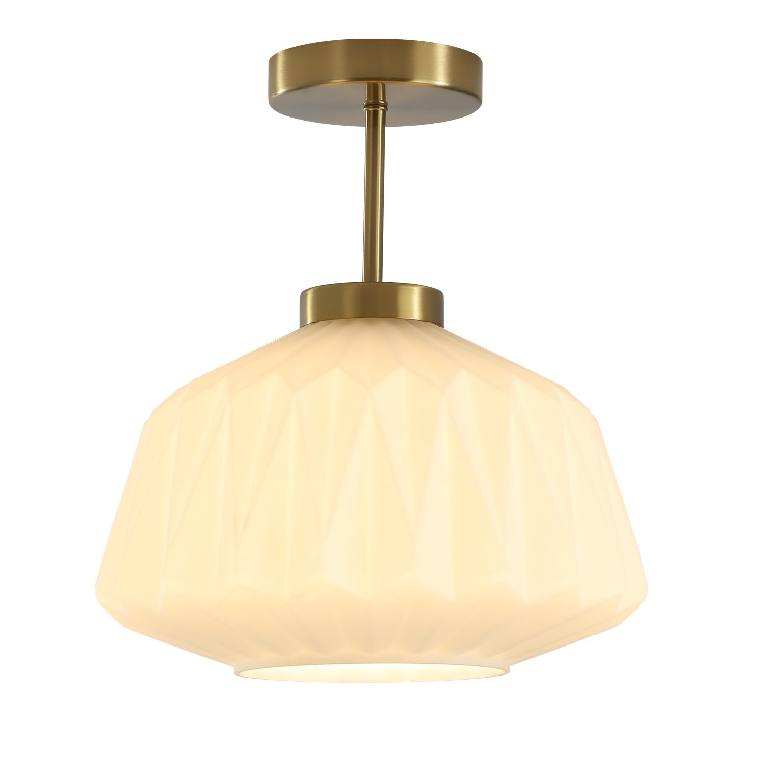 Semi Flush Mount Ceiling Light Mid Century Interior Ceiling Light with White Striation Glass Shade Gold Ceiling Light Fixture for Hallway Corridor Kitchen Bathroom