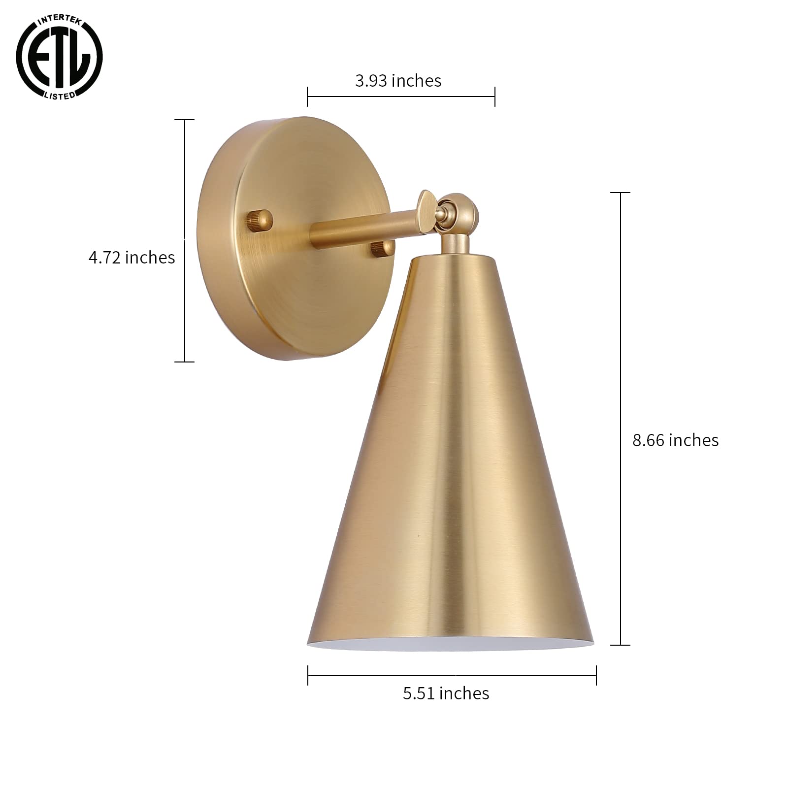 Gold Sconces Set of 2, Modern Brass Wall Sconces Lighting Fixtures with Metal Shade, Indoor Decor Wall Mount Swing Arm Lamp for Bedroom,Bedside,Kitchen,Hallway,Living Room,Reading,Bar