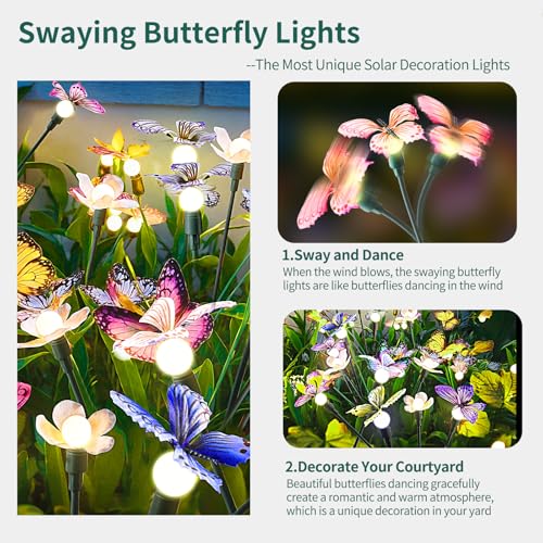 Solar Garden Lights, Solar Lights Outdoor Garden, Garden Lights Solar Powered, Decor for Garden, Yard, Patio, Pathway, IP65 Waterproof, Solar Butterfly Lights Outdoor (2 Pack)