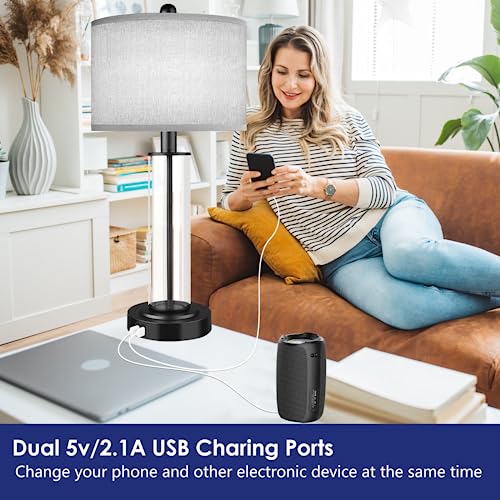 Table Lamps for Bedrooms Set of 2, 26'' Tall Glass Bedside Table Lamp with Dual USB Charging Ports,Touch Bedroom Modern Lamps with Gery Fabric LampShade for Nightstand Living Room,Bulbs Included