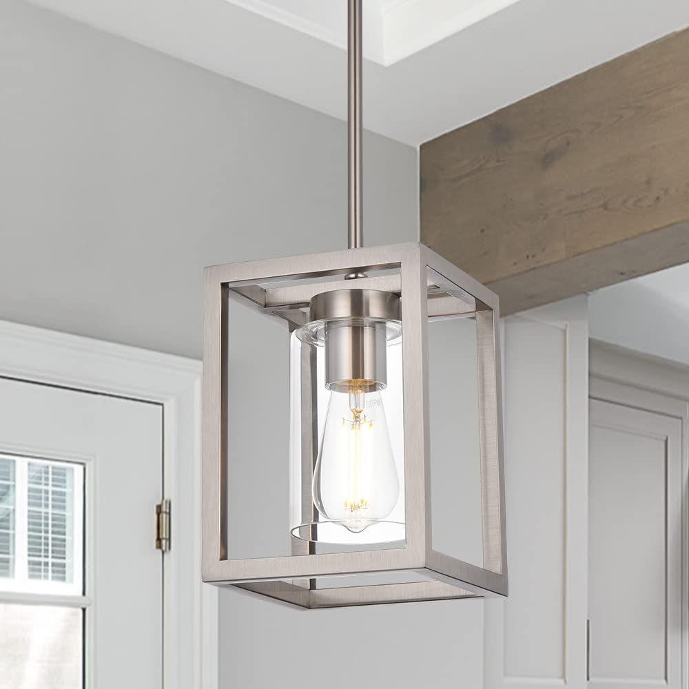 VINLUZ Contemporary Chandeliers Brushed Nickel 5 Light Modern Dining Room Lighting Fixtures Hanging, Kitchen Island Linear Pendant Lights Farmhouse Flush Mount Ceiling Light with Glass Shade