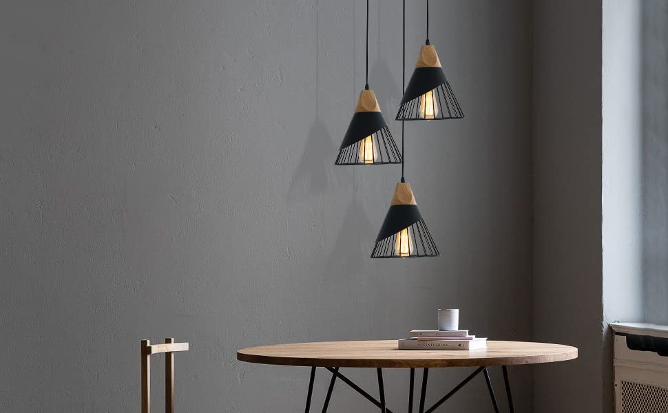 Modern Black Pendant Light Over Kitchen Island, Adjustable Wood Hanging Light Fixture,Industrial Pendant Lighting for Dining Room,Living Room,Bedroom,Hallway,Kitchen,Bar