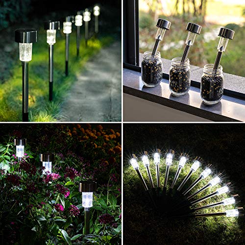 Solar Pathway Lights 12 Pack, Stainless Steel IP44 Waterproof Auto On/Off Outdoor LED Pathway Landscape Solar Lights for Garden, Yard, Patio, Path and Walkway. (Cold White)